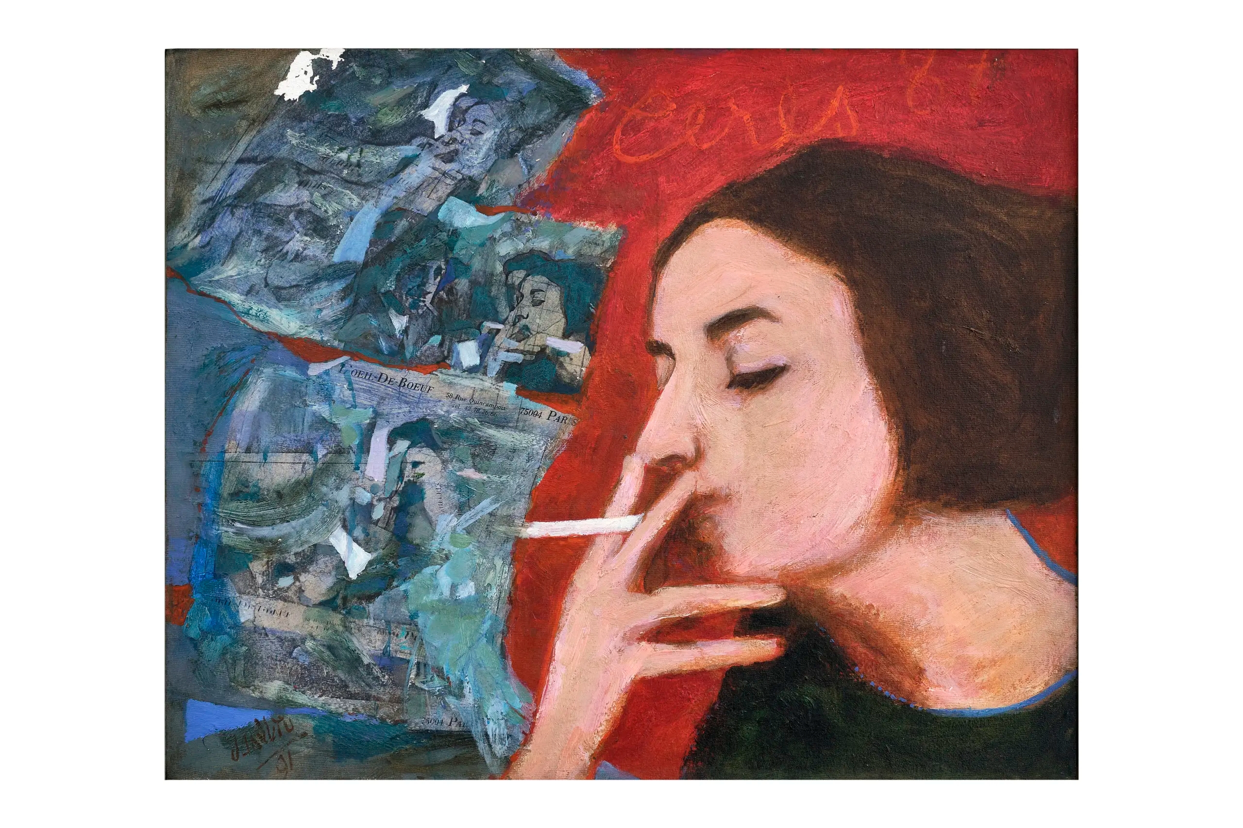 peinture d'une femme brune coupe au carré regard vers le bas, posant à côté de photo d'elle accroché au mur