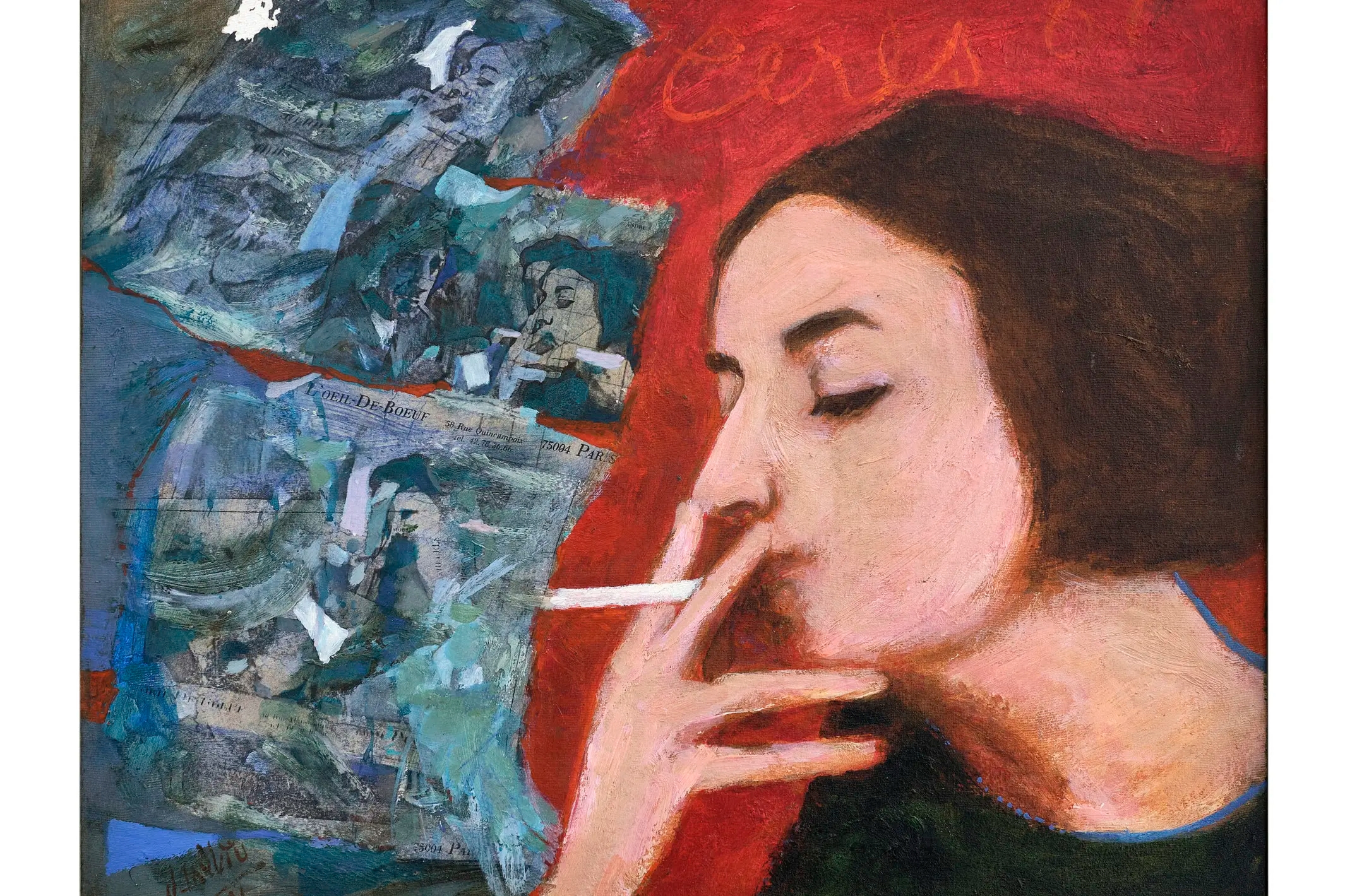 peinture d'une femme brune coupe au carré regard vers le bas, posant à côté de photo d'elle accroché au mur