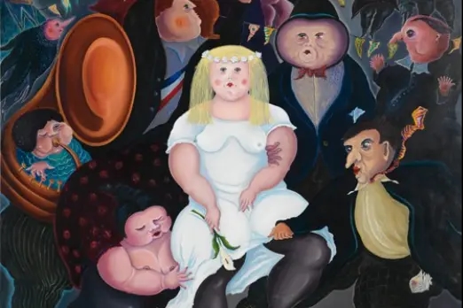 un tableau représentant des personnages grotesques, caricaturés, gros, dont une femme blonde en robe blanche entouré de femme et d'homme lors d'une fête musical