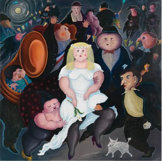 un tableau représentant des personnages grotesques, caricaturés, gros, dont une femme blonde en robe blanche entouré de femme et d'homme lors d'une fête musical